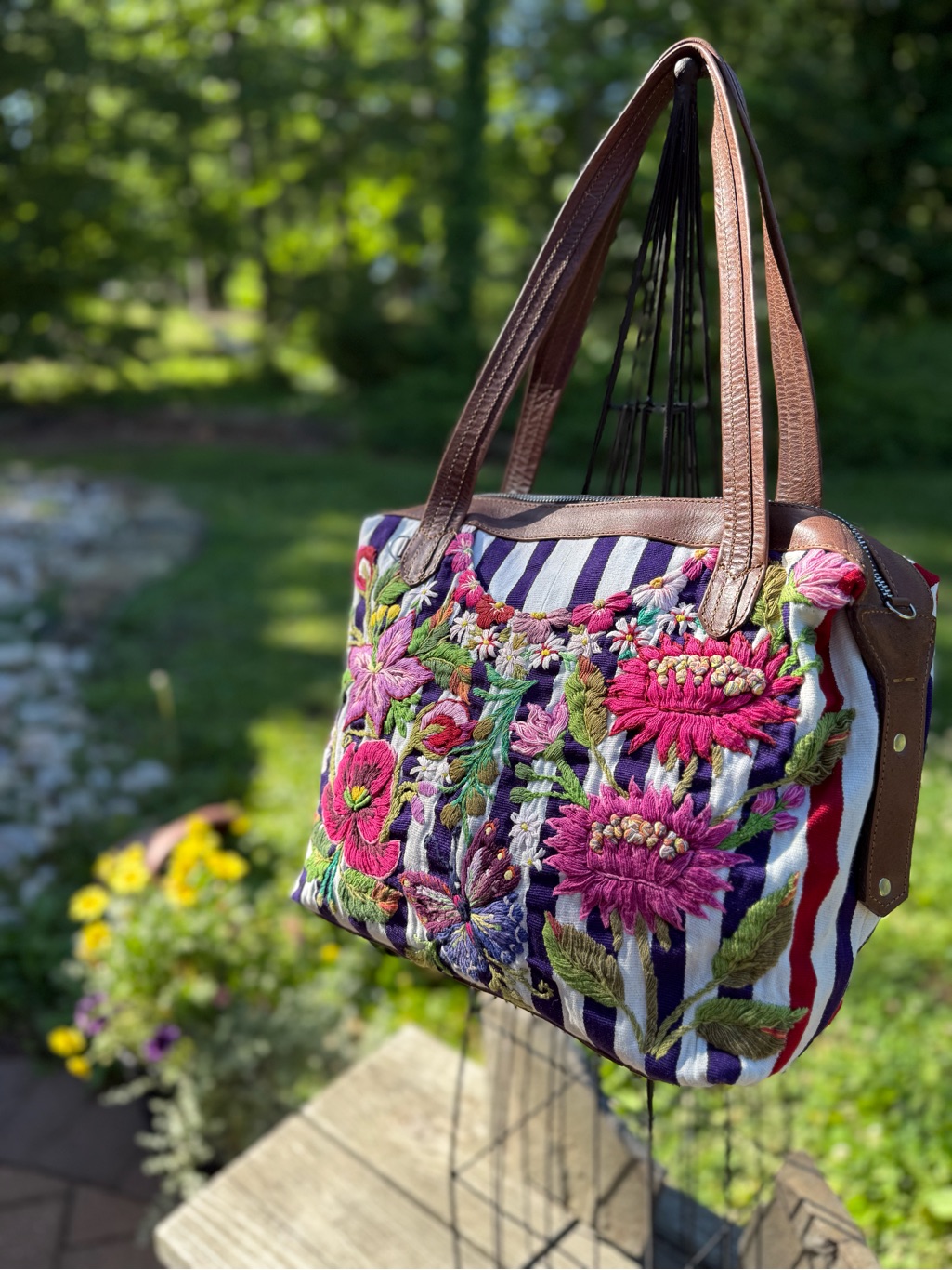 Embroidered Floral Shoulder Bag - Pink & Brown